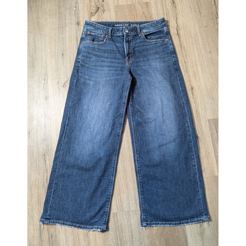 American Eagle Size 6 Short Low Rise Baggy Wide Leg Jeans Stretch Raw Hem 90s